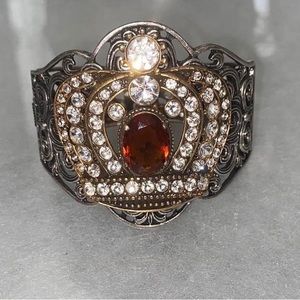 Rare Vintage Crown Amber Crystal and Clear Rhinestone Hinged Bangle